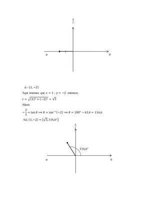 𝜋
2
𝜋 0
d.- (1, −2)
Aquí tenemos que 𝑥 = 1 ; 𝑦 = −2 entonces
𝑟 = √(1)2 + (−2)2 = √5
Ahora
−
2
1
= tan 𝜃 ⟹ 𝜃 = tan−1(−2) ⟹ 𝜃 = 180° − 63,4 = 116,6
Así; (1,−2) = (√5,116,6°)
𝜋
2
116,6°
𝜋 0
 