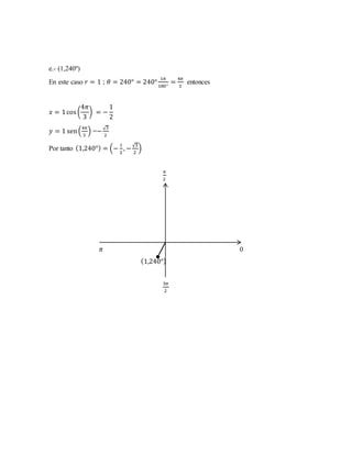 e.- (1,240º)
En este caso 𝑟 = 1 ; 𝜃 = 240° = 240°
1𝜋
180°
=
4𝜋
3
entonces
𝑥 = 1cos(
4𝜋
3
) = −
1
2
𝑦 = 1 sen(
4𝜋
3
) =−
√3
2
Por tanto (1,240°) = (−
1
2
, −
√3
2
)
𝜋
2
𝜋 0
(1,240°)
3𝜋
2
 