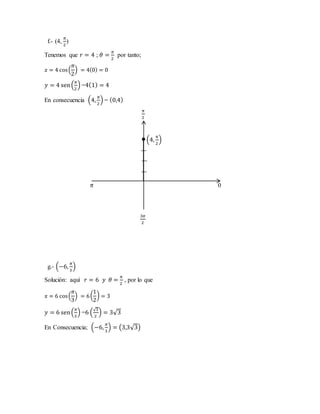 f.- (4,
𝜋
2
)
Tenemos que 𝑟 = 4 ; 𝜃 =
𝜋
2
por tanto;
𝑥 = 4 cos(
𝜋
2
) = 4(0) = 0
𝑦 = 4 sen(
𝜋
2
) =4(1) = 4
En consecuencia (4,
𝜋
2
) = (0,4)
𝜋
2
(4,
𝜋
2
)
𝜋 0
3𝜋
2
g.- (−6,
𝜋
3
)
Solución: aquí 𝑟 = 6 𝑦 𝜃 =
𝜋
2
, por lo que
𝑥 = 6 cos(
𝜋
3
) = 6(
1
2
) = 3
𝑦 = 6 sen(
𝜋
3
) =6 (
√3
2
) = 3√3
En Consecuencia; (−6,
𝜋
3
) = (3,3√3)
 