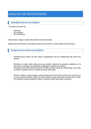 ANALISIS DE NECESIDADES. 
Identificación de necesidades. 
Aumentar el número de: 
- 
- 
- 
Docentes 
De auxiliares 
De Cualificados 
Aula enclave, integrar a estos niños dentro del resto de aulas. 
Dada la poca información de los padres acerca de la nutrición, concienciarles más en el tema. 
Categorización de las necesidades. 
- 
- 
Infraestructuras; dentro de este campo consideramos que las instalaciones del centro son buenas. 
Docentes; en este ámbito observamos que existen carencias de personal cualificado en la educación, psicólogos, psicopedagos, pedagogos, auxiliares de profesor. 
El problema que existe dentro del centro se debe erradicar desde las Instituciones, como esto no está en nuestras manos no podemos actuar sobre ellos. 
Padres, madres y tutores legales, quienes tienes poca información acerca de la nutrición con lo cual se debería facilitar a éstos una dieta modelo a seguir adecuada a la edad de sus hijos. Con respecto a esta necesidad si está en nuestras manos hacer algo al respecto. 
-  
