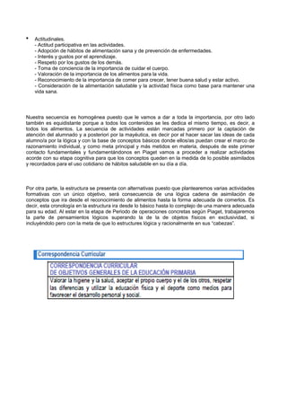  
Actitudinales. 
- Actitud participativa en las actividades. 
- Adopción de hábitos de alimentación sana y de prevención de enfermedades. 
- Interés y gustos por el aprendizaje. 
- Respeto por los gustos de los demás. 
- Toma de conciencia de la importancia de cuidar el cuerpo. 
- Valoración de la importancia de los alimentos para la vida. 
- Reconocimiento de la importancia de comer para crecer, tener buena salud y estar activo. 
- Consideración de la alimentación saludable y la actividad física como base para mantener una vida sana. 
Nuestra secuencia es homogénea puesto que le vamos a dar a toda la importancia, por otro lado también es equidistante porque a todos los contenidos se les dedica el mismo tiempo, es decir, a todos los alimentos. La secuencia de actividades están marcadas primero por la captación de atención del alumnado y a posteriori por la mayéutica, es decir por el hacer sacar las ideas de cada alumno/a por la lógica y con la base de conceptos básicos donde ellos/as puedan crear el marco de razonamiento individual, y como meta principal y más metidos en materia, después de este primer contacto fundamentales y fundamentándonos en Piaget vamos a proceder a realizar actividades acorde con su etapa cognitiva para que los conceptos queden en la medida de lo posible asimilados y recordados para el uso cotidiano de hábitos saludable en su día a día. 
Por otra parte, la estructura se presenta con alternativas puesto que plantearemos varias actividades formativas con un único objetivo, será consecuencia de una lógica cadena de asimilación de conceptos que ira desde el reconocimiento de alimentos hasta la forma adecuada de comerlos. Es decir, esta cronología en la estructura ira desde lo básico hasta lo complejo de una manera adecuada para su edad. Al estar en la etapa de Periodo de operaciones concretas según Piaget, trabajaremos la parte de pensamientos lógicos superando la de la de objetos físicos en exclusividad, si incluyéndolo pero con la meta de que lo estructures lógica y racionalmente en sus “cabezas”. 
 