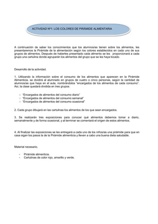 ACTIVIDAD Nº1: LOS COLORES DE PIRÁMIDE ALIMENTARIA 
A continuación de saber los conocimientos que los alumnos/as tienen sobre los alimentos, les presentaremos la Pirámide de la alimentación según los colores establecidos en cada uno de sus grupos de alimentos. Después de haberles presentado cada alimento se les proporcionará a cada grupo una cartulina donde agruparán los alimentos del grupo que se les haya tocado. 
Desarrollo de la actividad. 
1. Utilizando la información sobre el consumo de los alimentos que aparecen en la Pirámide Alimenticia, se dividirá al alumnado en grupos de cuatro o cinco personas, según la cantidad de alumnos/as que haya en el aula, nombrándolos “encargados de los alimentos de cada consumo”. Así, la clase quedará dividida en tres grupos: 
҈ “Encargados de alimentos del consumo diario” 
҈ “Encargados de alimentos del consumo semanal” 
҈ “Encargados de alimentos del consumo ocasional” 
2. Cada grupo dibujará en las cartulinas los alimentos de los que sean encargados. 
3. Se realizarán tres exposiciones para conocer qué alimentos debemos tomar a diario, semanalmente y de forma ocasional, y al terminar se comentará el origen de estos alimentos. 
4. Al finalizar las exposiciones se les entregará a cada uno de los niños/as una pirámide para que en casa sigan los pasos la de la Pirámide alimenticia y lleven a cabo una buena dieta saludable. 
Material necesario. 
- 
- 
Pirámide alimenticia. 
Cartulinas de color rojo, amarillo y verde.  