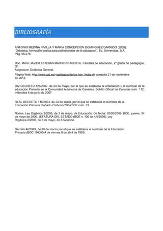 BIBLIOGRAFÍA 
ANTONIO MEDINA RIVILLA Y MARIA CONCEPCION DOMINGUEZ GARRIDO (2009): 
“Didáctica, formación básica para profesionales de la educación”. Ed. Universitas, S.A. 
Pág. 96-276. Doc. Mimo: JAVIER ESTEBAN MARRERO ACOSTA, Facultad de educación, 2º grado de pedagogía, G1, 
Asignatura: Didáctica General. 
Página Web: http://www.ual.es/~jgallego/criterios.htm, fecha de consulta 21 de noviembre 
de 2012. 
902 DECRETO 126/2007, de 24 de mayo, por el que se establece la ordenación y el currículo de la educación Primaria en la Comunidad Autónoma de Canarias. Boletín Oficial de Canarias núm. 112, miércoles 6 de junio de 2007 
REAL DECRETO 115/2004, de 23 de enero, por el que se establece el currículo de la 
Educación Primaria. Sábado 7 febrero 2004 BOE núm. 33 
Norma: Ley Orgánica 2/2006, de 3 de mayo, de Educación. De fecha: 03/05/2006. BOE: jueves, 04 de mayo de 2006. JEFATURA DEL ESTADO (BOE n. 106 de 4/5/2006). Ley 
Orgánica 2/2006, de 3 de mayo, de Educación. 
Decreto 46/1993, de 26 de marzo por el que se establece el currículo de la Educación 
Primaria (BOC 1993/044 de viernes 9 de abril de 1993). 