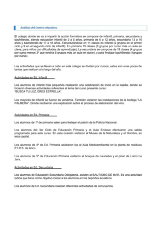 Análisis del Centro educativo. 
El colegio donde se va a impartir la acción formativa se compone de infantil, primaria, secundaria y bachillerato, siendo educación infantil de 3 a 5 años, primaria de 6 a 12 años, secundaria 13 a 16 años y bachillerato de 17 a 18 años. Estructurándose en 11 clases de infantil (2 grupos en el primer ciclo y 9 en el segundo ciclo de infantil). En primaria 19 clases (3 grupos por curso más un aula en clave, para niños con dificultades de aprendizaje). La secundaria se compone de 18 clases (4 grupos por curso menos 3º que tendría 5 grupos más un aula en clave), y para finalizar bachillerato (4grupos por curso). 
Las actividades que se llevan a cabo en este colegio se dividen por cursos, estas son unas pocas de tantas que realizan a lo largo del año: 
Actividades en Ed. Infantil 
Los alumnos de Infantil más pequeños realizaron una celebración de inicio en la capilla, donde se hicieron diversas actividades referentes al lema del curso presente curso: 
“BUSCA TU LUZ, ERES ESTRELLA”. 
Los mayores de Infantil se fueron de vendimia. También visitaron las instalaciones de la bodega “LA PALMERA”. Donde recibieron una explicación sobre el proceso de elaboración del vino. 
Actividades en Ed. Primaria 
Los alumnos de 1º de primaria salen para festejar el patrón de la Policía Nacional. 
Los alumnos del 3er Ciclo de Educación Primaria y el Aula Enclave efectuaron una salida programada para este curso. En esta ocasión visitaron el Museo de la Naturaleza y el Hombre, en esta capital. 
Los alumnos de 4º de Ed. Primaria asistieron los al Aula Medioambiental en la planta de residuos P.I.R.S. de Arico 
Los alumnos de 5º de Educación Primaria visitaron el bosque de Laurisilva y el pinar de Lomo La Jara. 
Actividades en Ed. Secundaria 
Los alumnos de Educación Secundaria Obligatoria, asisten al BAUTISMO DE MAR. Es una actividad lúdica que tiene como objetivo iniciar a los alumnos en los deportes acuáticos 
Los alumnos de Ed. Secundaria realizan diferentes actividades de convivencia.  