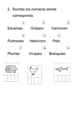 2. Escribe los números donde
  corresponda.
             1              2                    3

Escamas           Ovíparo            Carnívoro
             4                  5        6

Pulmones         Herbívoro           Pelo
         7                      8                9

Plumas           Vivíparo           Branquias
 