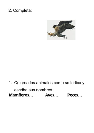 2. Completa:




1. Colorea los animales como se indica y
  escribe sus nombres.
Mamíferos…        Aves…        Peces…
 