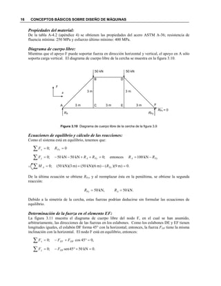 16 CONCEPTOS BÁSICOS SOBRE DISEÑO DE MÁQUINAS
Propiedades del material:
De la tabla A-4.2 (apéndice 4) se obtienen las propiedades del acero ASTM A-36; resistencia de
fluencia mínima: 250 MPa y esfuerzo último mínimo: 400 MPa.
Diagrama de cuerpo libre:
Mientras que el apoyo F puede soportar fuerza en dirección horizontal y vertical, el apoyo en A sólo
soporta carga vertical. El diagrama de cuerpo libre de la cercha se muestra en la figura 3.10.
Figura 3.10 Diagrama de cuerpo libre de la cercha de la figura 3.9
Ecuaciones de equilibrio y cálculo de las reacciones:
Como el sistema está en equilibrio, tenemos que:
De la última ecuación se obtiene RFy, y al reemplazar ésta en la penúltima, se obtiene la segunda
reacción:
Debido a la simetría de la cercha, estas fuerzas podrían deducirse sin formular las ecuaciones de
equilibrio.
Determinación de la fuerza en el elemento EF:
La figura 3.11 muestra el diagrama de cuerpo libre del nodo F, en el cual se han asumido,
arbitrariamente, las direcciones de las fuerzas en los eslabones. Como los eslabones DE y EF tienen
longitudes iguales, el eslabón DF forma 45° con la horizontal; entonces, la fuerza FDF tiene la misma
inclinación con la horizontal. El nodo F está en equilibrio, entonces:
∑ == 0;0 Fxx RF
FyAFyAy RRRRF −==++−−=∑ kN100entonces;0kN50kN50;0
∑ =−+= .0)m9)((m)kN)(650(m)kN)(350(;0 FyA RM+
50 kN 50 kN
A C E F
B D
RA RFy
RFx = 0
x
y
3 m 3 m 3 m
3 m 3 m
,045cos;0∑ =°+−= DFEFx FFF
∑ =+°−= .0kN5045sen;0 DFy FF
kN.50kN,50 == AFy RR
 