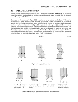 CAPÍTULO 3 CARGA ESTÁTICA SIMPLE 29
3.5 CARGA AXIAL EXCÉ TRICA
En esta sección se considera un caso en el cual, a pesar de existir cargas combinadas, los estados de
esfuerzo resultantes son uniaxiales; por lo tanto, el procedimiento de diseño es similar al de un elemento
sometido a carga axial o flexión.
Considere los elementos de la figura 3.21, sometidos a cargas axiales excéntricas. Debido a la
excentricidad, e, que es la distancia entre la línea de aplicación de la fuerza y el centroide de la sección de
análisis ABC, se produce un momento flector interno en dicha sección. Al hacer un corte horizontal en
cualquier sección del elemento de la figura 3.21.a y aislar la parte superior (figura 3.22.a) se pueden
formular ecuaciones de equilibrio (de fuerzas y de momentos) para encontrar las cargas internas. Al
efectuar sumatoria de fuerzas verticales e igualar a cero, se encuentra que en el sitio de corte existe una
fuerza igual pero de sentido contrario a la carga F, ubicada en el centroide de la sección; al efectuar
sumatoria de momentos en el plano e igualar a cero, se encuentra que en el sitio de corte aparece un
momento flector M, igual al producto de la fuerza, F, y la excentricidad, e:
.eFM = (3.20)
Figura 3.21 Carga axial excéntrica
Figura 3.22 Distribución de esfuerzos producida por la carga excéntrica
A B C
e
F
A B C
e
F
A B C
e
F
(a) (b) (c)
(a) M y F: cargas
internas en la sección
ABC, donde M = Fe
F
A B C
e
F
M
A B C
SM = ± Mc/I
A B C
SF = – F/A
A B C
S = ± SM – SF
(b) Esfuerzo uniforme
debido a la fuerza
interna F
(c) Esfuerzos debidos
al momento flector M
(d) Superposición:
distribución de
esfuerzos resultante
 
