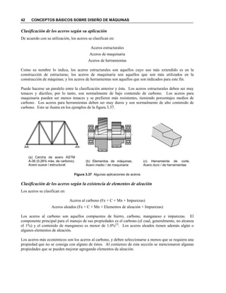 42 CONCEPTOS BÁSICOS SOBRE DISEÑO DE MÁQUINAS
Clasificación de los aceros según su aplicación
De acuerdo con su utilización, los aceros se clasifican en:
Aceros estructurales
Aceros de maquinaria
Aceros de herramientas
Como su nombre lo indica, los aceros estructurales son aquellos cuyo uso más extendido es en la
construcción de estructuras; los aceros de maquinaria son aquellos que son más utilizados en la
construcción de máquinas; y los aceros de herramientas son aquellos que son indicados para este fin.
Puede hacerse un paralelo entre la clasificación anterior y ésta. Los aceros estructurales deben ser muy
tenaces y dúctiles; por lo tanto, son normalmente de bajo contenido de carbono. Los aceros para
maquinaria pueden ser menos tenaces y se prefieren más resistentes, tieniendo porcentajes medios de
carbono. Los aceros para herramientas deben ser muy duros y son normalmente de alto contenido de
carbono. Esto se ilustra en los ejemplos de la figura 3.37.
Figura 3.37 Algunas aplicaciones de aceros
Clasificación de los aceros según la existencia de elementos de aleación
Los aceros se clasifican en:
Aceros al carbono (Fe + C + Mn + Impurezas)
Aceros aleados (Fe + C + Mn + Elementos de aleación + Impurezas)
Los aceros al carbono son aquellos compuestos de hierro, carbono, manganeso e impurezas. El
componente principal para el manejo de sus propiedades es el carbono (el cual, generalmente, no alcanza
el 1%) y el contenido de manganeso es menor de 1.0%[3]
. Los aceros aleados tienen además algún o
algunos elementos de aleación.
Los aceros más económicos son los aceros al carbono, y deben seleccionarse a menos que se requiera una
propiedad que no se consiga con alguno de éstos. Al comienzo de esta sección se mencionaron algunas
propiedades que se pueden mejorar agregando elementos de aleación.
(a) Cercha de acero ASTM
A-36 (0.26% máx. de carbono).
Acero suave / estructural
(b) Elementos de máquinas.
Acero medio / de maquinaria
(c) Herramienta de corte.
Acero duro / de herramientas
 