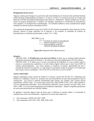CAPÍTULO 3 CARGA ESTÁTICA SIMPLE 43
Designación de los aceros
Algunos sistemas para designar los aceros han sido desarrollados por el American Iron and Steel Institute
(AISI) (Instituto Estadounidense del Hierro y el Acero), la SAE y la American Society for Testing and
Materials (ASTM) (Sociedad Estadounidense para Ensayos y Materiales). Muchos productores de acero
tienen sus propias designaciones o nombres; sin embargo, usualmente se suministran las equivalencias
entre aquellas y las designaciones estandarizadas. En Colombia también se tiene estandarización propia
mediante las normas técnicas colombianas (NTC).
Los sistemas de designación de aceros de la AISI y la SAE utilizan normalmente cuatro números; los dos
primeros indican el grupo específico de la aleación, y los restantes el contenido de carbono en
diezmilésimas (o centésimas de porcentaje, es decir, % C × 100):
Figura 3.38 Designación AISI / SAE para aceros
Ejemplos:
- AISI/SAE 1045. El 10 indica que es un acero al carbono, es decir, que no contiene ningún elemento
principal de aleación aparte del carbono, y 45 indica que tiene aproximadamente 0.45% de carbono.
- AISI/SAE 4340. El 4 indica que es un acero con aleación de molibdeno, el 3 que contiene níquel y
cromo en concentraciones específicas y los dos últimos dígitos indican que el acero tiene 0.40% de
carbono aproximadamente. Los aceros aleados se clasifican en grupos, dependiendo del tipo y
cantidad de elementos de aleación, y a cada grupo le corresponde un par de números; el 43 indica que
tiene níquel, cromo y molibdeno: 1.8% de Ni, 0.5% ó 0.8% de Cr y 0.25% de Mo[3]
.
Aceros comerciales
Algunas siderúrgicas como Acerías de Caldas S.A. (Acasa), Acerías Paz del Río S.A., Siderúrgica del
Pacífico S.A. (Sidelpa) y Diaco S.A. producen una serie de productos de acero para la industria y para la
construcción. Los aceros se fabrican normalmente bajo normas, por ejemplo, NTC (norma técnica
colombiana), ASTM o SAE. Los aceros bajo norma NTC 1920 (ASTM A-36) y NTC 1985 (ASTM A-
572) son ampliamente fabricados. En la clasificación AISI/SAE, aceros comunes son SAE 1020, 1035,
1045 y 1060. Los aceros para herramientas son usualmente importados. Algunas compañías productoras
de aceros para herramientas son ASSAB y Böhler.
El apéndice 4 presenta algunos tipos de aceros que se fabrican en nuestro medio; se recomienda al
estudiante que revise esta información. Algunos de los aceros más usados son:
• Para estructuras: ASTM A36 (NTC 1920)
• Para maquinaria: SAE 1045, 1030, 1060, 4340, 4140.
Contenido de carbono en diezmilésimas
Aleación específica en el grupo
Grupo de aleación: indica los
elementos principales de aleación
AISI / SAE x x xx
 