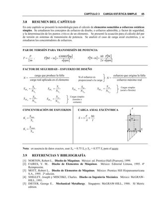 CAPÍTULO 3 CARGA ESTÁTICA SIMPLE 45
3.8 RESUME DEL CAPÍTULO
En este capítulo se presentó la metodología para el cálculo de elementos sometidos a esfuerzos estáticos
simples. Se estudiaron los conceptos de esfuerzo de diseño, o esfuerzo admisible, y factor de seguridad,
y la determinación de los puntos críticos de un elemento. Se presentó la ecuación para el cálculo del par
de torsión en sistemas de transmisión de potencia. Se analizó el caso de carga axial excéntrica, y se
estudiaron los concentradores de esfuerzos.
PAR DE TORSIÓ PARA TRA SMISIÓ DE POTE CIA
n
P
T
π2
= ; [ ] [ ]
[ ]rpm
hp63000
inlbf
n
P
T =− , [ ] [ ]
[ ]rpm
W
2
60
m-N
n
P
T
π
=
FACTOR DE SEGURIDAD – ESFUERZO DE DISEÑO
CO CE TRACIÓ DE ESFUERZOS CARGA AXIAL EXCÉ TRICA
o
max
t
S
S
K =
I
Mc
A
F
S ±±=
os
smax
t
S
S
K =
ota: en ausencia de datos exactos, usar Sus = 0.75 Su y Sys = 0.577 Sy para el acero
3.9 REFERE CIAS Y BIBLIOGRAFÍA
[1] NORTON, Robert L.. Diseño de Máquinas. México: ed. Prentice-Hall (Pearson), 1999.
[2] FAIRES, V. M.. Diseño de Elementos de Máquinas. México: Editorial Limusa, 1995. 4ª
Reimpresión.
[3] MOTT, Robert L.. Diseño de Elementos de Máquinas. México: Prentice Hill Hispanoamericana
S.A., 1995. 2ª edición.
[4] SHIGLEY, Joseph y MISCHKE, Charles. Diseño en Ingeniería Mecánica. México: McGRAW-
HILL, 1991.
[5] DIETER, George E.. Mechanical Metallurgy. Singapore: McGRAW-HILL, 1988. SI Metric
edition.
=
carga que produce la falla
carga real aplicada en el elemento
=
esfuerzo que origina la falla
esfuerzo máximo real
Si el esfuerzo es
proporcional a la carga
us
us
S
us
dS
S
S =
ys
ys
S
ys
dS
S
S =
Cargas simples
(torsión o
cortante)
u
u
S
u
dS
S
S =
y
y
S
y
dS
S
S = Cargas simples
(axial o flexión)
uc
uc
S
uc
dS
S
S =
yc
yc
S
yc
dS
S
S =
A B C
e
F
 