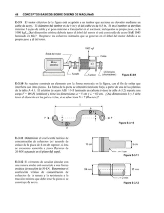 48 CONCEPTOS BÁSICOS SOBRE DISEÑO DE MÁQUINAS
E-3.9 El motor eléctrico de la figura está acoplado a un tambor que acciona un elevador mediante un
cable de acero. El diámetro del tambor es de 5 in y el del cable es de 0.5 in. Si en el tambor se enrollan
máximo 3 capas de cable y el peso máximo a transportar en el ascensor, incluyendo su propio peso, es de
1000 kgf, ¿Qué dimensión mínima debería tener el árbol del motor si está construido de acero SAE 1045
laminado en frío? Desprecie los esfuerzos normales que se generan en el árbol del motor debido a su
propio peso y el del rotor.
E-3.10 Se requiere construir un elemento con la forma mostrada en la figura, con el fin de evitar que
interfiera con otras piezas. La forma de la pieza se obtendrá mediante forja, a partir de una de las platinas
de la tabla A-4.1. El eslabón de acero AISI 1045 laminado en caliente (véase la tabla A-3.2) soporta una
carga F = 10 kN (estática) y tiene las dimensiones a = 5 cm y L = 60 cm. ¿Qué dimensiones h y b debe
tener el elemento en las partes rectas, si se selecciona = 2 (fluencia)?
E-3.11 Determinar el coeficiente teórico de
concentración de esfuerzos del acuerdo de
enlace de la placa de 4 cm de espesor, si ésta
se encuentra sometida a pares flectores de
20 MN actuando en el plano del papel.
E-3.12 El elemento de sección circular con
una ranura anular está sometido a una fuerza
estática de tracción de 50 kN. Determinar el
coeficiente teórico de concentración de
esfuerzos de la ranura y la resistencia a la
tracción mínima que debe tener la pieza si se
construye de acero.
Figura E-3.9
Motor
eléctrico
Árbol del motor
Acople Tambor
(2) Apoyos
(chumaceras)
Cable
1000 kgf
5 in
24 mm 30 mm
r = 2 mm
Figura E-3.12
Figura E-3.11
5 cm10 cm
r = 1 cm
b
a
L
Figura E-3.10h
h
b
FF
a
 