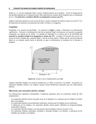 6 CONCEPTOS BÁSICOS SOBRE DISEÑO DE MÁQUINAS
donde Lf y Lo son las longitudes final e inicial, respectivamente, de la probeta. Como la elongación de
una probeta depende de su longitud inicial, debe especificarse siempre dicha longitud, que es usualmente
de 2 in. Un material se considera dúctil si su elongación es mayor que 5%.
Algunos materiales dúctiles son los aceros de bajo y medio contenido de carbono (véase la sección 3.7.2),
las aleaciones de aluminio, las aleaciones de cobre, el titanio y el magnesio.
Fragilidad
Fragilidad es lo opuesto de ductilidad. Un material es frágil si tiende a fracturarse sin deformación
significativa. Entonces, la deformación total de un material frágil al fracturarse en tracción es pequeña
comparada con aquella de un dúctil. La medida de fragilidad es la misma que la de ductilidad; un
material se considera frágil si su elongación es menor que 5%. La figura 3.6 muestra dos curvas S-ε,
una de un hierro fundido gris, material frágil, y otra de un acero dúctil. Nótese que la curva del material
frágil no se extiende mucho hacia la derecha, ya que su deformación al momento de la fractura es
pequeña.
Figura 3.6 Curvas S-ε de un material dúctil y uno frágil
Algunos materiales frágiles son el hierro fundido gris, el vidrio, el concreto y la madera. En general, los
materiales fundidos tienden a ser frágiles, aunque existen fundiciones especiales que son relativamente
dúctiles.
Diferencias entre materiales dúctiles y frágiles
Las afirmaciones siguientes corresponden a tendencias generales, pero no constituyen reglas de total
cumplimiento:
- Los materiales dúctiles tienen una parte recta en el diagrama S-ε, mientras que los frágiles no tienen
parte recta alguna.
- Los materiales dúctiles son normalmente uniformes, mientras que los frágiles son no uniformes.
- A diferencia de los frágiles, los materiales dúctiles tienen puntos definidos de proporcionalidad,
elasticidad y fluencia.
- Los materiales dúctiles tienden a ser más tenaces que los frágiles (véase la sección 3.2.5).
- Los materiales forjados, laminados, trefilados y extruidos tienden a ser dúctiles, a diferencia de los
fundidos que tienden a ser frágiles.
ε
S
5%
Acero de alta resistencia:
Material dúctil
Hierro fundido gris:
Material frágil
Elongación < 5%
Elongación > 5%
 