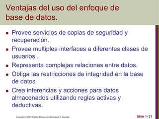 Copyright © 2007 Ramez Elmasri and Shamkant B. Navathe Slide 1- 21
Ventajas del uso del enfoque de
base de datos.
 Provee servicios de copias de seguridad y
recuperación.
 Provee multiples interfaces a diferentes clases de
usuarios .
 Representa complejas relaciones entre datos.
 Obliga las restricciones de integridad en la base
de datos.
 Crea inferencias y acciones para datos
almacenados utilizando reglas activas y
deductivas.
 