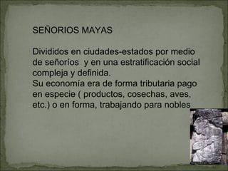 SEÑORIOS MAYAS Divididos en ciudades-estados por medio de señoríos  y en una estratificación social compleja y definida. Su economía era de forma tributaria pago en especie ( productos, cosechas, aves, etc.) o en forma, trabajando para nobles 