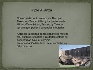 Triple Alianza Conformada por los reinos de Tlacopan, Texcoco y Tenochtitlán, y los territorios de Mèxico-Tenochtitlàn, Texcoco y Tacuba,  tenía mayor poder y ganancias tributarias. Antes de la llegada de los españoles más de 400 pueblos, señoríos y ciudades-estado se encontraban bajo su dominio. La recaudación tributaria, se encontraba en 38 provincias 
