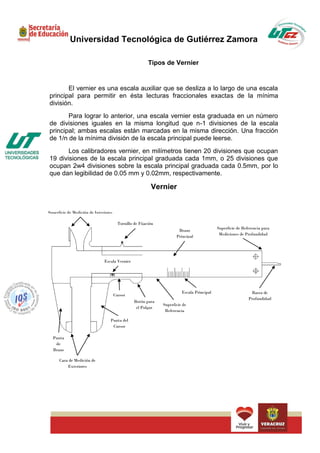 Universidad Tecnológica de Gutiérrez Zamora

                                                          Tipos de Vernier


       El vernier es una escala auxiliar que se desliza a lo largo de una escala
principal para permitir en ésta lecturas fraccionales exactas de la mínima
división.
       Para lograr lo anterior, una escala vernier esta graduada en un número
de divisiones iguales en la misma longitud que n-1 divisiones de la escala
principal; ambas escalas están marcadas en la misma dirección. Una fracción
de 1/n de la mínima división de la escala principal puede leerse.
       Los calibradores vernier, en milímetros tienen 20 divisiones que ocupan
19 divisiones de la escala principal graduada cada 1mm, o 25 divisiones que
ocupan 2w4 divisiones sobre la escala principal graduada cada 0.5mm, por lo
que dan legibilidad de 0.05 mm y 0.02mm, respectivamente.

                                                           Vernier


Superficie de Medición de Interiores

                                         Tornillo de Fijación
                                                                                             Superficie de Referencia para
                                                                        Brazo
                                                                                              Mediciones de Profundidad
                                                                       Principal




                               Escala Vernier




                                                                          Escala Principal                     Barra de
                                       Cursor
                                                                                                              Profundidad
                                                  Botón para
                                                                Superficie de
                                                   el Pulgar
                                                                 Referencia

                                   Punta del
                                    Cursor

  Punta
   de
  Brazo

      Cara de Medición de
          Exteriores
 