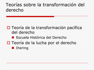 Teorías sobre la transformación del derecho Teoría de la transformación pacífica del derecho Escuela Histórica del Derecho Teoría de la lucha por el derecho Ihering 