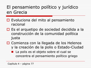 El pensamiento político y jurídico en Grecia Evoluciona del mito al pensamiento racionalEs el arquetipo de sociedad decidida a la construcción de la comunidad política justaComienza con la llegada de los Helenos y la creación de la polis o Estado-Ciudad La polis es el objeto sobre el cual se concentra el pensamiento político griegoCapítulo 4 – página 77