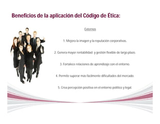 Beneficios de la aplicación del Código de Ética:

                                         Externos


                        1. Mejora la imagen y la reputación corporativas.


                  2. Genera mayor rentabilidad y gestión flexible de largo plazo.


                      3. Fortalece relaciones de aprendizaje con el entorno.


                   4. Permite superar más fácilmente dificultades del mercado.


                    5. Crea percepción positiva en el entorno político y legal.
 