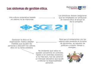 Diplomados
Los sistemas de gestión ética.                                           en   Gerencia



                                                              Los directivos desean asegurarse
 Una cultura corporativa basada                               que los empleados se conduzcan
  en valores no se improvisa.                                   de manera ética al actuar en
                                                                   nombre de la compañía




     Gestionar la ética en la                                 Para que el compromiso con los
 organización implica adoptar                                 valores este presente en la toma
    medidas que ayuden las                                      de decisiones, se requiere de
personas a descubrir los valores                                 políticas e invertir tiempo y
   ético en su tarea cotidiana                                             energías .

                                       No olvidando que estos no
                                   pueden convertirse en controles
                                   rígidos o en controles excesivos,
                                   si no más bien, han de contener
                                   un mensaje educativo que ayude
                                      a reforzar la responsabilidad
                                                personal.
 