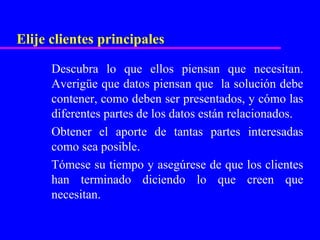 Elije clientes principales

      Descubra lo que ellos piensan que necesitan.
      Averigüe que datos piensan que la solución debe
      contener, como deben ser presentados, y cómo las
      diferentes partes de los datos están relacionados.
      Obtener el aporte de tantas partes interesadas
      como sea posible.
      Tómese su tiempo y asegúrese de que los clientes
      han terminado diciendo lo que creen que
      necesitan.
 