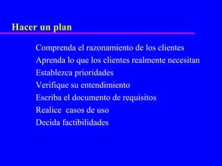 Hacer un plan

     Comprenda el razonamiento de los clientes
     Aprenda lo que los clientes realmente necesitan
     Establezca prioridades
     Verifique su entendimiento
     Escriba el documento de requisitos
     Realice casos de uso
     Decida factibilidades
 