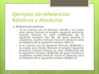 Ejemplos de referencias
Relativas y Absolutas
   Referencias relativas.
        Si se cuenta con la fórmula =A5+B5 y se copia
        esta misma fórmula al renglón siguiente entonces
        nuestra fórmula se verá modificada de la
        siguiente manera: A6+ B6, de igual manera si
        copiamos nuestra fórmula hacia la derecha esta
        se reflejará de la siguiente manera =B5+C5
       Si se cuenta con la siguiente fórmula =$A$5+B5 y
        se copia esta misma fórmula al renglón siguiente
        entonces nuestra fórmula se verá modificada de
        la siguiente manera =$A$5+B6 de igual manera si
        copiamos nuestra fórmula hacia la derecha esta
        se reflejará de la siguiente manera =$A$5+C5
 