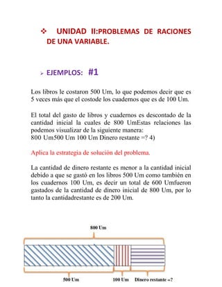  UNIDAD II:PROBLEMAS DE RACIONES
DE UNA VARIABLE.



EJEMPLOS:

#1

Los libros le costaron 500 Um, lo que podemos decir que es
5 veces más que el costode los cuadernos que es de 100 Um.
El total del gasto de libros y cuadernos es descontado de la
cantidad inicial la cuales de 800 UmEstas relaciones las
podemos visualizar de la siguiente manera:
800 Um500 Um 100 Um Dinero restante =? 4)
Aplica la estrategia de solución del problema.
La cantidad de dinero restante es menor a la cantidad inicial
debido a que se gastó en los libros 500 Um como también en
los cuadernos 100 Um, es decir un total de 600 Umfueron
gastados de la cantidad de dinero inicial de 800 Um, por lo
tanto la cantidadrestante es de 200 Um.

 