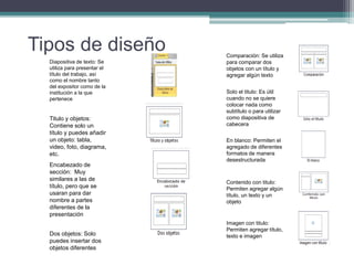 Tipos de diseño
Diapositiva de texto: Se
utiliza para presentar el
título del trabajo, así
como el nombre tanto
del expositor como de la
institución a la que
pertenece
Titulo y objetos:
Contiene solo un
título y puedes añadir
un objeto: tabla,
video, foto, diagrama,
etc.
Encabezado de
sección: Muy
similares a las de
título, pero que se
usaran para dar
nombre a partes
diferentes de la
presentación
Dos objetos: Solo
puedes insertar dos
objetos diferentes
Comparación: Se utiliza
para comparar dos
objetos con un título y
agregar algún texto
Solo el titulo: Es útil
cuando no se quiere
colocar nada como
subtítulo o para utilizar
como diapositiva de
cabecera
En blanco: Permiten el
agregado de diferentes
formatos de manera
desestructurada
Contenido con titulo:
Permiten agregar algún
título, un texto y un
objeto
Imagen con titulo:
Permiten agregar título,
texto e imagen
 