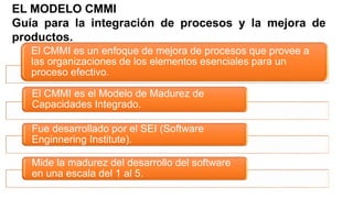 EL MODELO CMMI
Integra disciplinas como sistemas y software en un solo
marco de trabajo.
Describe formas efectivas y proba...