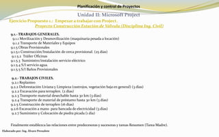 Planificación y control de Proyectos
Unidad II: Microsoft Project
9.1.- TRABAJOS GENERALES.
9.1.1 Movilización y Desmovilización (maquinaria pesada a locación)
9.1.2 Transporte de Materiales y Equipos
9.1.5 Obras Provisionales
9.1.5.1 Construcción/Instalación de cerca provisional. (25 días)
9.1.5.2 Tráiler Oficinas
9.1.5.3 Suministro/instalación servicio eléctrico
9.1.5.4 S/I servicio agua.
9.1.5.5 S/I Baños Provisionales
9.2.- TRABAJOS CIVILES.
9.2.1 Replanteo
9.2.2 Deforestación Liviana y Limpieza (rastrojos, vegetación baja en general) (3 días)
9.2.2 Excavación para terraplen. (2 días)
9.2.3 Transporte material desechable hasta 30 km (3 días)
9.2.4 Transporte de material de préstamo hasta 30 km (3 días)
9.2.5 Construcción de terraplen (16 días)
9.2.6 Excavación a mano para bancada de electricidad (3 días)
9.2.7 Suministro y Colocación de piedra picada (1 día)
Finalmente establezca las relaciones entre predecesoras y sucesoras y tareas Resumen (Tarea Madre).
Ejercicio Propuesto 1.: Empezar a trabajar con Project.
Proyecto Construcción Estación de Válvula (Disciplina Ing. Civil)
Elaborado por: Ing. Álvaro Pernalete
 