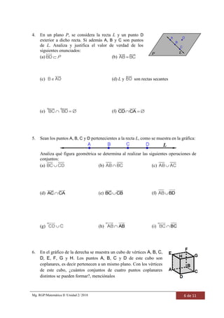 Mg. RGP/Matemática II /Unidad 2/ 2018 6 de 11
4. En un plano P, se considera la recta L y un punto D
exterior a dicho recta. Si además A, B y C son puntos
de L. Analiza y justifica el valor de verdad de los
siguientes enunciados:
(a) BD P (b) AB BC
(c) B AD (d) L y BD son rectas secantes
(e) BC  BD (f)   CD CA
5. Sean los puntos A, B, C y D pertenecientes a la recta L, como se muestra en la gráfica:
Analiza qué figura geométrica se determina al realizar las siguientes operaciones de
conjuntos:
(a) BC CD (b) AB BC (c) AB AC
(d) AC CA (e) BC CB (f) BDAB
(g) CD C (h) ABAB (i) BCBC
6. En el gráfico de la derecha se muestra un cubo de vértices A, B, C,
D, E, F, G y H. Los puntos A, B, C y D de este cubo son
coplanares, es decir pertenecen a un mismo plano. Con los vértices
de este cubo, ¿cuántos conjuntos de cuatro puntos coplanares
distintos se pueden formar?, menciónalos
 