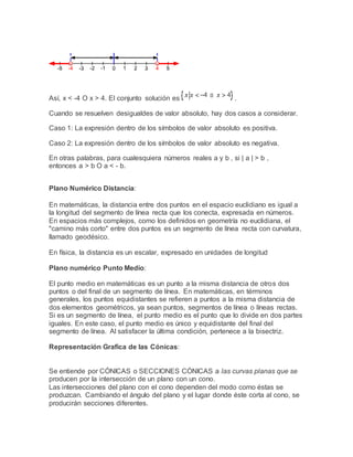Así, x < -4 O x > 4. El conjunto solución es .
Cuando se resuelven desigualdes de valor absoluto, hay dos casos a considerar.
Caso 1: La expresión dentro de los símbolos de valor absoluto es positiva.
Caso 2: La expresión dentro de los símbolos de valor absoluto es negativa.
En otras palabras, para cualesquiera números reales a y b , si | a | > b ,
entonces a > b O a < - b.
Plano Numérico Distancia:
En matemáticas, la distancia entre dos puntos en el espacio euclidiano es igual a
la longitud del segmento de línea recta que los conecta, expresada en números.
En espacios más complejos, como los definidos en geometría no euclidiana, el
"camino más corto" entre dos puntos es un segmento de línea recta con curvatura,
llamado geodésico.
En física, la distancia es un escalar, expresado en unidades de longitud
Plano numérico Punto Medio:
El punto medio en matemáticas es un punto a la misma distancia de otros dos
puntos o del final de un segmento de línea. En matemáticas, en términos
generales, los puntos equidistantes se refieren a puntos a la misma distancia de
dos elementos geométricos, ya sean puntos, segmentos de línea o líneas rectas.
Si es un segmento de línea, el punto medio es el punto que lo divide en dos partes
iguales. En este caso, el punto medio es único y equidistante del final del
segmento de línea. Al satisfacer la última condición, pertenece a la bisectriz.
Representación Grafica de las Cónicas:
Se entiende por CÓNICAS o SECCIONES CÓNICAS a las curvas planas que se
producen por la intersección de un plano con un cono.
Las intersecciones del plano con el cono dependen del modo como éstas se
produzcan. Cambiando el ángulo del plano y el lugar donde éste corta al cono, se
producirán secciones diferentes.
 