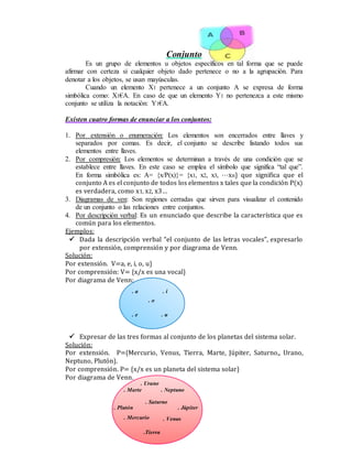 Conjunto
Es un grupo de elementos u objetos específicos en tal forma que se puede
afirmar con certeza si cualquier objeto dado pertenece o no a la agrupación. Para
denotar a los objetos, se usan mayúsculas.
Cuando un elemento X1 pertenece a un conjunto A se expresa de forma
simbólica como: X1€A. En caso de que un elemento Y1 no pertenezca a este mismo
conjunto se utiliza la notación: Y1€A.
Existen cuatro formas de enunciar a los conjuntos:
1. Por extensión o enumeración: Los elementos son encerrados entre llaves y
separados por comas. Es decir, el conjunto se describe listando todos sus
elementos entre llaves.
2. Por compresión: Los elementos se determinan a través de una condición que se
establece entre llaves. En este caso se emplea el símbolo que significa “tal que”.
En forma simbólica es: A= {x/P(x)}= {x1, x2, x3, ⋅⋅⋅xn} que significa que el
conjunto A es el conjunto de todos los elementos x tales que la condición P(x)
es verdadera, como x1, x2, x3…
3. Diagramas de ven: Son regiones cerradas que sirven para visualizar el contenido
de un conjunto o las relaciones entre conjuntos.
4. Por descripción verbal: Es un enunciado que describe la característica que es
común para los elementos.
Ejemplos:
 Dada la descripción verbal “el conjunto de las letras vocales”, expresarlo
por extensión, comprensión y por diagrama de Venn.
Solución:
Por extensión. V=a, e, i, o, u}
Por comprensión: V= {x/x es una vocal}
Por diagrama de Venn:
 Expresar de las tres formas al conjunto de los planetas del sistema solar.
Solución:
Por extensión. P={Mercurio, Venus, Tierra, Marte, Júpiter, Saturno,, Urano,
Neptuno, Plutón}.
Por comprensión. P= {x/x es un planeta del sistema solar}
Por diagrama de Venn.
. a . i
. o
. e . u
. Urano
. Neptuno
. Marte
. Saturno
. Júpiter
. Plutón
. Mercurio
.Tierra
. Venus
 