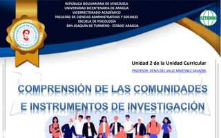 REPÚBLICA BOLIVARIANA DE VENEZUELA
UNIVERSIDAD BICENTENARIA DE ARAGUA
VICERRECTORADO ACADÉMICO
FACULTAD DE CIENCIAS ADMINISTRATIVAS Y SOCIALES
ESCUELA DE PSICOLOGÍA
SAN JOAQUÍN DE TURMERO - ESTADO ARAGUA
Unidad 2 de la Unidad Curricular
PROFESOR: DENIS DEL VALLE MARTINEZ SALAZAR
 