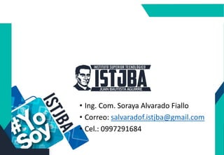 • Ing. Com. Soraya Alvarado Fiallo
• Correo: salvaradof.istjba@gmail.com
• Cel.: 0997291684
 