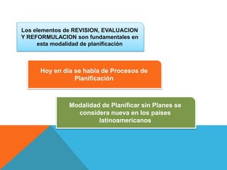 Los elementos de REVISION, EVALUACION
Y REFORMULACION son fundamentales en
esta modalidad de planificación
Hoy en día se habla de Procesos de
Planificación
Modalidad de Planificar sin Planes se
considera nueva en los países
latinoamericanos
 