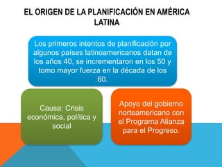 Los primeros intentos de planificación por
algunos países latinoamericanos datan de
los años 40, se incrementaron en los 50 y
tomo mayor fuerza en la década de los
60.
Causa: Crisis
económica, política y
social
Apoyo del gobierno
norteamericano con
el Programa Alianza
para el Progreso.
EL ORIGEN DE LA PLANIFICACIÓN EN AMÉRICA
LATINA
 