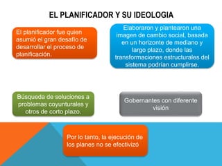 EL PLANIFICADOR Y SU IDEOLOGIA
El planificador fue quien
asumió el gran desafío de
desarrollar el proceso de
planificación.
Elaboraron y plantearon una
imagen de cambio social, basada
en un horizonte de mediano y
largo plazo, donde las
transformaciones estructurales del
sistema podrían cumplirse.
Búsqueda de soluciones a
problemas coyunturales y
otros de corto plazo.
Gobernantes con diferente
visión
Por lo tanto, la ejecución de
los planes no se efectivizó
 