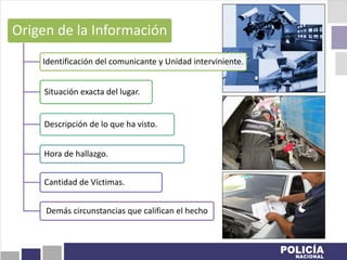 Origen de la Información
Identificación del comunicante y Unidad interviniente.
Situación exacta del lugar.
Descripción de lo que ha visto.
Hora de hallazgo.
Cantidad de Víctimas.
Demás circunstancias que califican el hecho
 