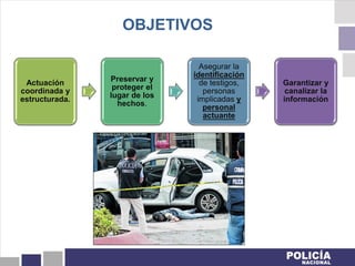 OBJETIVOS
Actuación
coordinada y
estructurada.
Preservar y
proteger el
lugar de los
hechos.
Asegurar la
identificación
de testigos,
personas
implicadas y
personal
actuante
Garantizar y
canalizar la
información
 