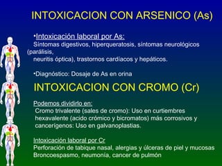 INTOXICACION CON ARSENICO (As)
•Intoxicación laboral por As:
Síntomas digestivos, hiperqueratosis, síntomas neurológicos
(...