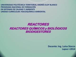 UNIVERSIDAD POLITÉCNICA TERRITORIAL ANDRÉS ELOY BLANCO
PROGRAMA NACIONAL DE FORMACIÓN
EN SISTEMAS DE CALIDAD Y AMBIENTE
UNIDAD CURRICULAR: FISICOQUÍMICA AMBIENTAL
REACTORES
REACTORES QUÍMICOS y BIOLÓGICOS
BIODIGESTORES
Docente: Ing. Luisa Stocco
Lapso I-2014
 