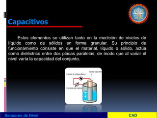Estos elementos se utilizan tanto en la medición de niveles de
líquido como de sólidos en forma granular. Su principio de
funcionamiento consiste en que el material, líquido o sólido, actúa
como dieléctrico entre dos placas paralelas, de modo que al variar el
nivel varía la capacidad del conjunto.
Sensores de Nivel
Capacitivos
 
