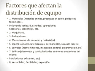 Factores que afectan la
distribución de equipo
• 1. Materiales (materias primas, productos en curso, productos
terminados).
• Incluyendo variedad, cantidad, operaciones
necesarias, secuencias, etc.
• 2. Maquinaria.
• 3. Trabajadores.
• 4. Movimientos (de personas y materiales).
• 5. Espera (almacenes temporales, permanentes, salas de espera).
• 6. Servicios (mantenimiento, inspección, control, programación, etc)
• 7. Edificio (elementos y particularidades interiores y exteriores del
mismo,
• instalaciones existentes, etc).
• 8. Versatilidad, flexibilidad, expansión.
 