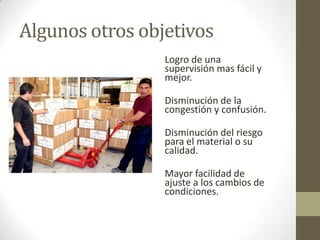 Algunos otros objetivos
Logro de una
supervisión mas fácil y
mejor.
Disminución de la
congestión y confusión.
Disminución del riesgo
para el material o su
calidad.
Mayor facilidad de
ajuste a los cambios de
condiciones.
 
