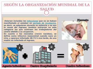 Estarían incluidas las infecciones que no se habían 
manifestado ni estaban en periodo de incubación, 
es decir, se adquieren durante su estancia y no son 
la causa del ingreso; también entrarían en esta 
categoría las que contraen los trabajadores del 
centro debido a su ocupación. 
En cuanto a los neonatos (recién nacidos), se 
define como infección nosocomial cuando nace un 
niño, y aparece infectado 48-72 h más tarde, de una 
madre no infectada al ingreso. 
 