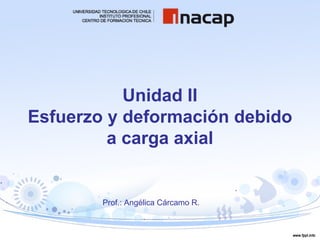 Unidad II
Esfuerzo y deformación debido
         a carga axial


        Prof.: Angélica Cárcamo R.
 