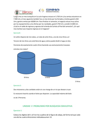 Luego vino un mes tranquilo en la cual el egreso estuvo en 5.750 Um y las ventas estuvieron en
7.900 Um, el mes siguiente también fue un mes lento por los feriados y Carlota gastó 6.350
Um y genero ventas por 60200 Um. Para finalizar el semestre, el negocio estuvo muy activo
por los equipamientos y las ofertas por las navidades, gastó 9.750 Um y vendió 15.800 Um.
¿Cuál es el saldo de ingresos y egresos de la tienda de Carlota al final del semestre?, ¿En qué
mes Carlota tuvo mayores ingresos en el negocio?
Ejercico4 :
Un señor dispone de tres tubos, un tubo de ocho litros, uno de cinco litros y el
Tercero de tres litros uno está lleno de agua ¿cómo puede dividir el agua en dos
Porciones de exactamente cuatro litros haciendo uso exclusivamente trasvases
entrelos tres tubos?

8 litros

5 litros
3 litros

Ejercicio 5:
Dos misioneros y dos caníbales están en una manga de un rio que desean cruzar.
Es necesario hacerlo usando el bote que disponen. La capacidad máxima del bote
es de 2 Personas.

UNIDAD V :PROBLEMAS POR BUSQUEDA EXAHUSTIVA
Ejercicio 1:
Coloca los dígitos del 1 al 9 en los cuadros de la figura de abajo, de forma tal que cada
una de las cuatro direcciones indicadassumen 13.

 